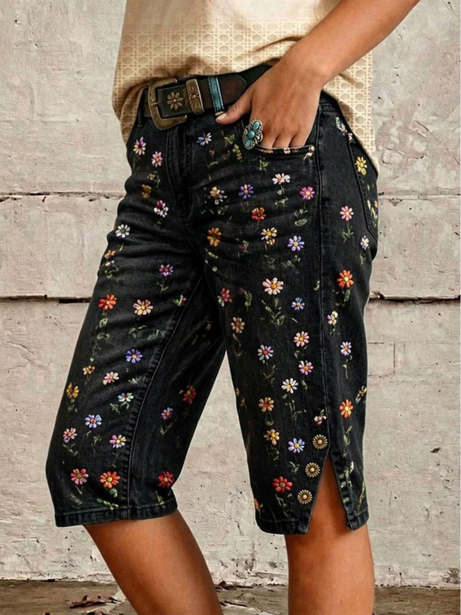 Vintage Floral Print Casual Denim Shorts